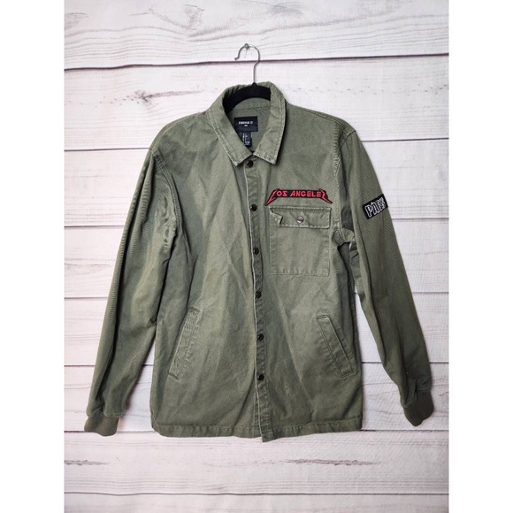 Forever 21 Mens Shirt Jacket Green Denim Snap Pockets Patches Streetwear S - Picture 1 of 6